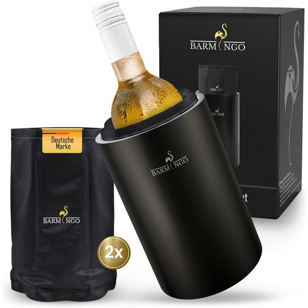 BARMINGO Wein- und Sektkühler Edelstahl mit 2 Kühlmanschetten, Weinflaschenkühler & Getränkekühler, doppelwandiger Flaschenkühler für Wein, Sekt & Champagner