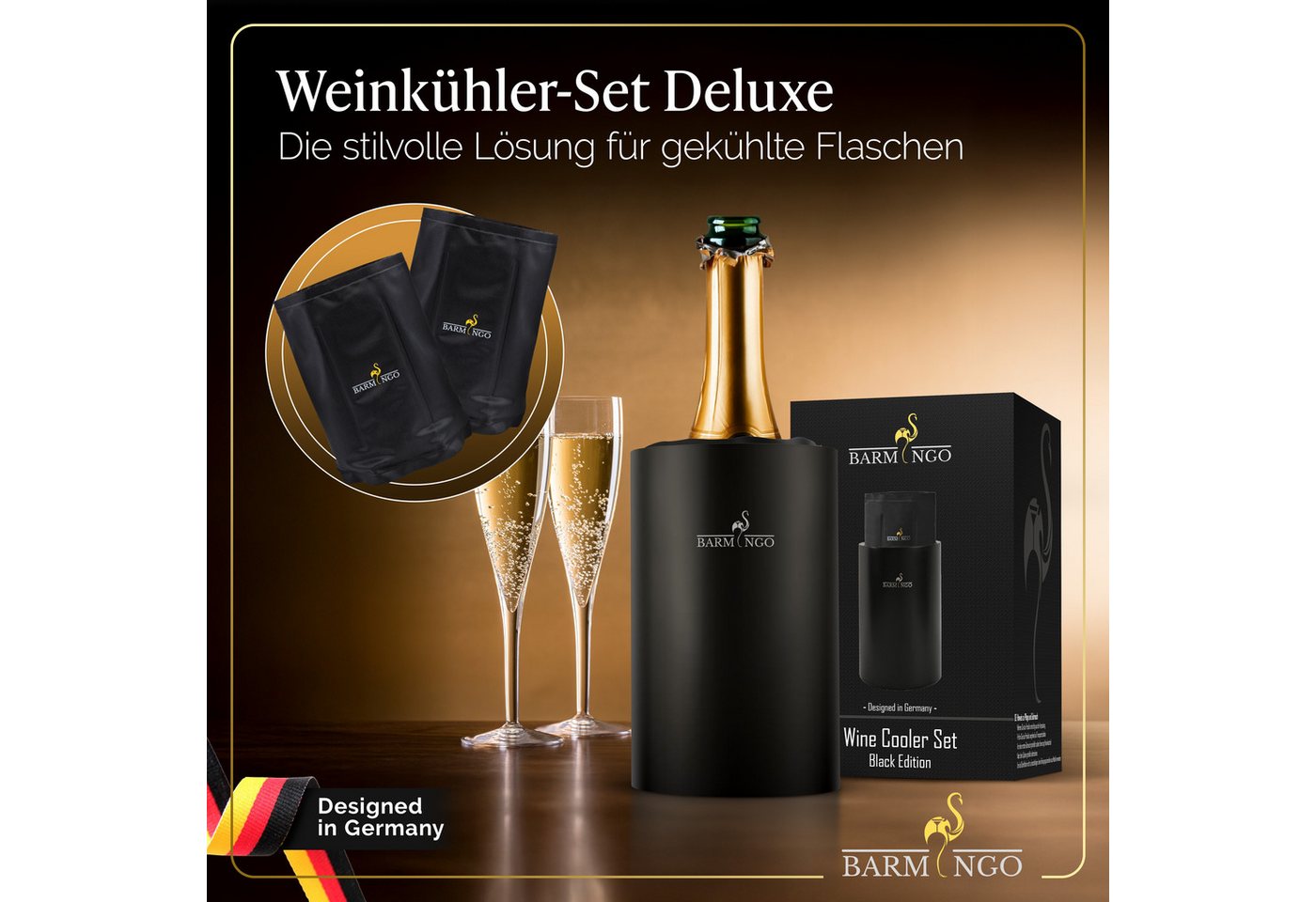 BARMINGO Wein- und Sektkühler Edelstahl mit 2 Kühlmanschetten, Weinflaschenkühler & Getränkekühler, doppelwandiger Flaschenkühler für Wein, Sekt & Champagner – Bild 2 von 5