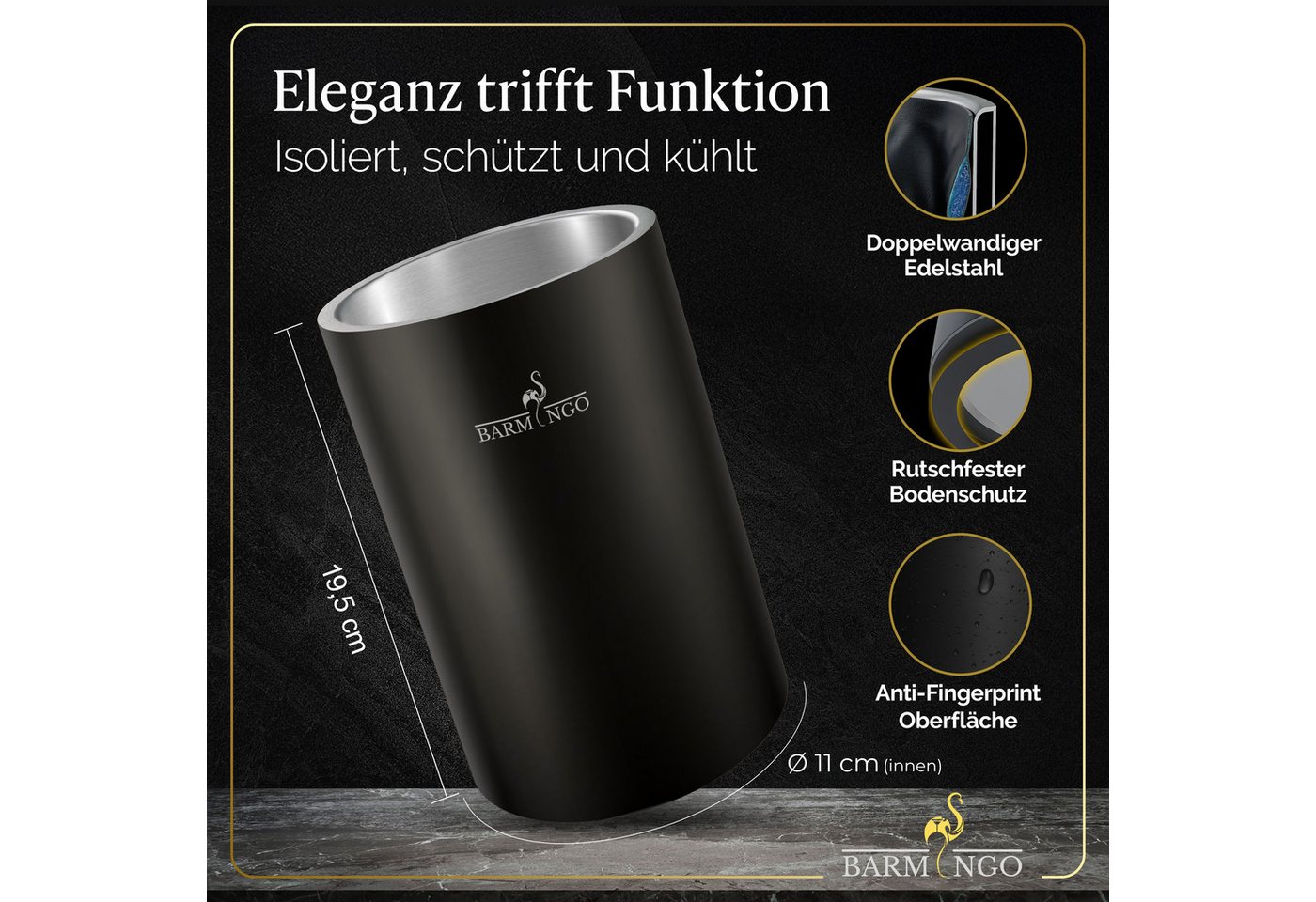 BARMINGO Wein- und Sektkühler Edelstahl mit 2 Kühlmanschetten, Weinflaschenkühler & Getränkekühler, doppelwandiger Flaschenkühler für Wein, Sekt & Champagner – Bild 3 von 5