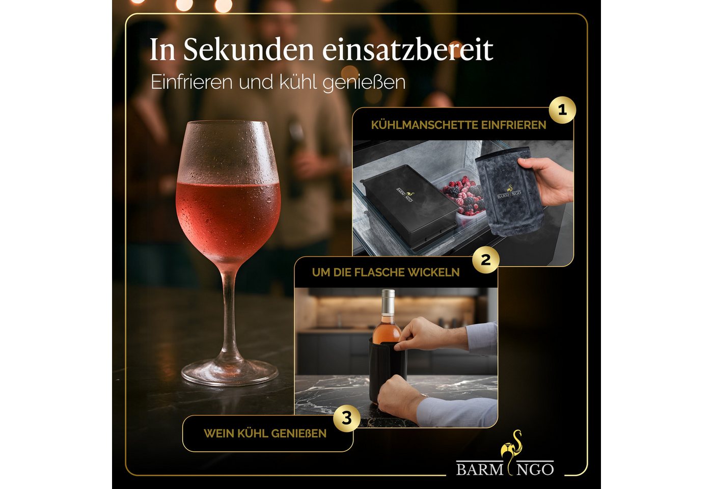 BARMINGO Wein- und Sektkühler Edelstahl mit 2 Kühlmanschetten, Weinflaschenkühler & Getränkekühler, doppelwandiger Flaschenkühler für Wein, Sekt & Champagner – Bild 5 von 5