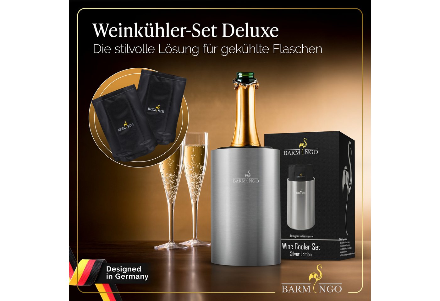 BARMINGO Wein- und Sektkühler Edelstahl mit 2 Kühlmanschetten, Weinflaschenkühler & Getränkekühler, doppelwandiger Flaschenkühler für Wein, Sekt & Champagner – Bild 2 von 5