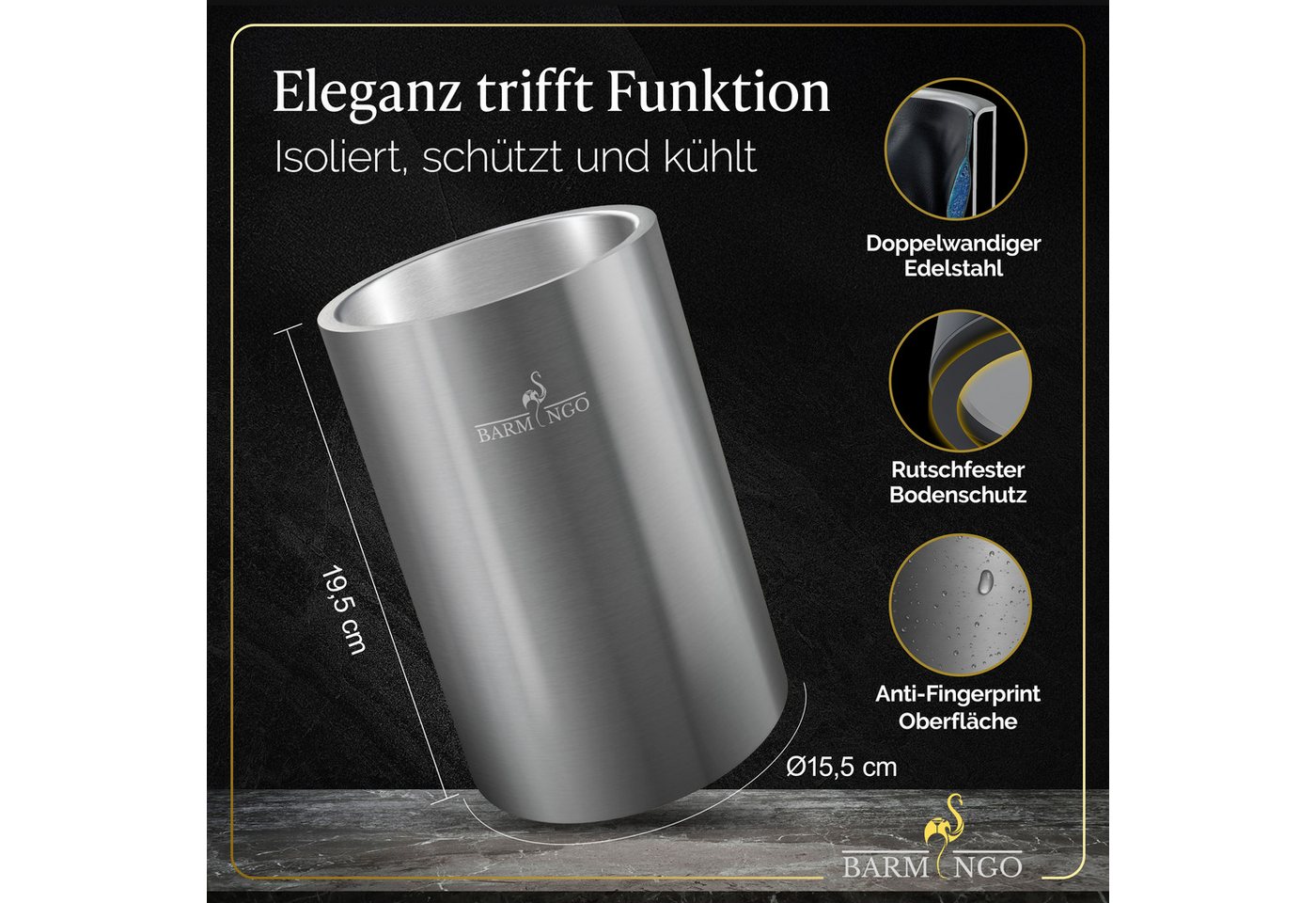 BARMINGO Wein- und Sektkühler Edelstahl mit 2 Kühlmanschetten, Weinflaschenkühler & Getränkekühler, doppelwandiger Flaschenkühler für Wein, Sekt & Champagner – Bild 3 von 5