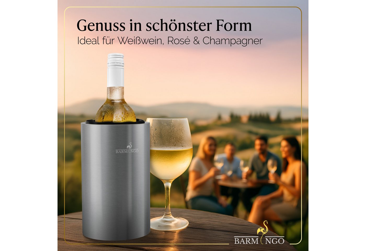 BARMINGO Wein- und Sektkühler Edelstahl mit 2 Kühlmanschetten, Weinflaschenkühler & Getränkekühler, doppelwandiger Flaschenkühler für Wein, Sekt & Champagner – Bild 4 von 5