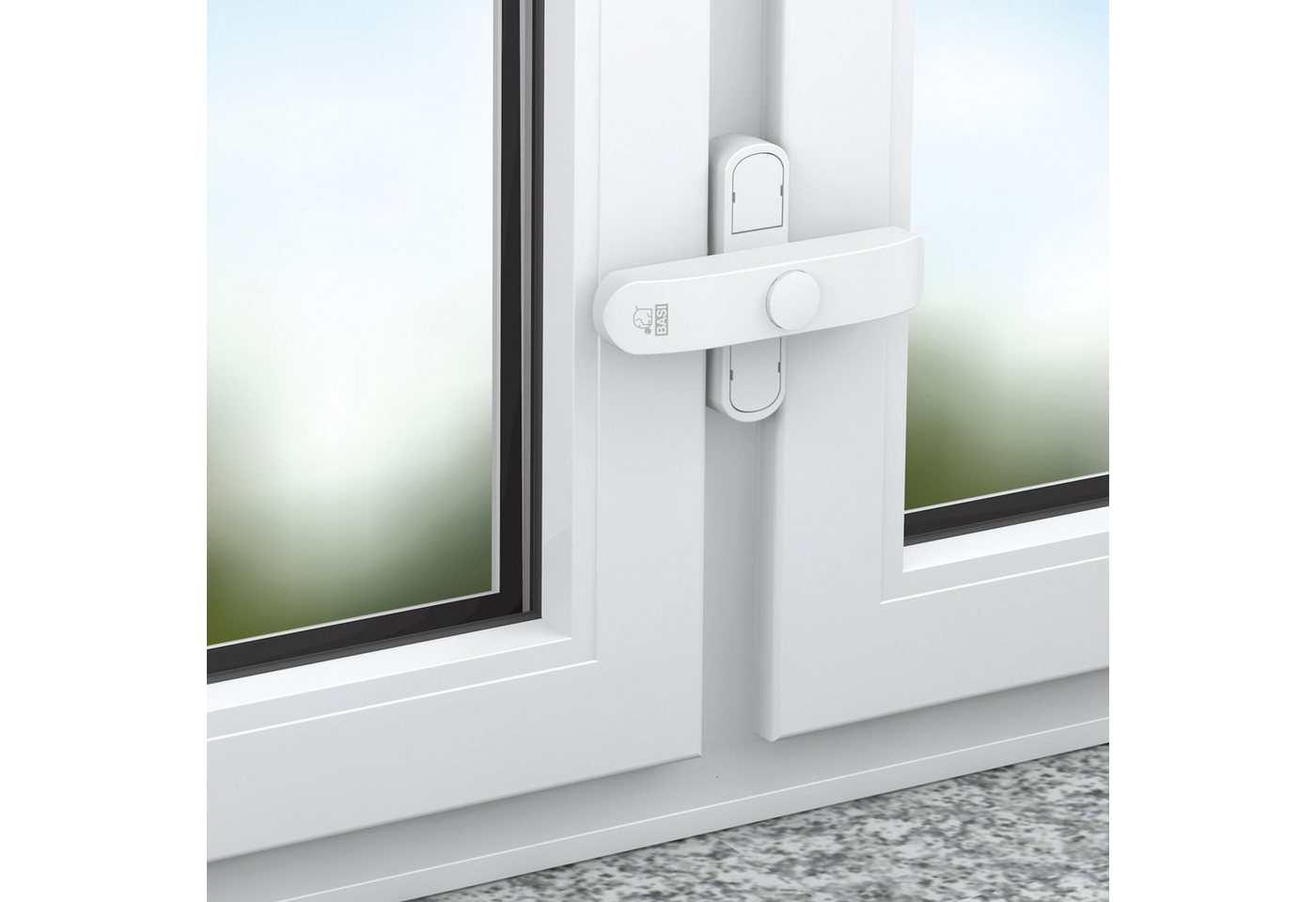 BASI Fensterbeschlag Fenstersicherung (Spar-Set, 1 St), 2-flügelige Fenster, Sperrbügel, Druckknopfsicherung, Weiß, 1 Stück – Bild 2 von 3