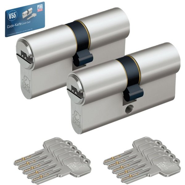 BASI Schließzylinder 2er SET V55, Gleichschließend, diverse Längen, (Spar-Set, 2-St), 2xDoppelzylinder 30/30 mm, 5 Stiftzuhaltungen, 10 Schlüssel, Codekarte