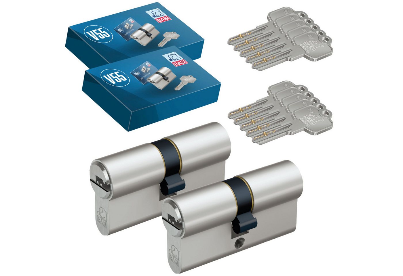 BASI Schließzylinder 2er SET V55, Gleichschließend, diverse Längen, (Spar-Set, 2-St), 2xDoppelzylinder 30/30 mm, 5 Stiftzuhaltungen, 10 Schlüssel, Codekarte – Bild 3 von 5