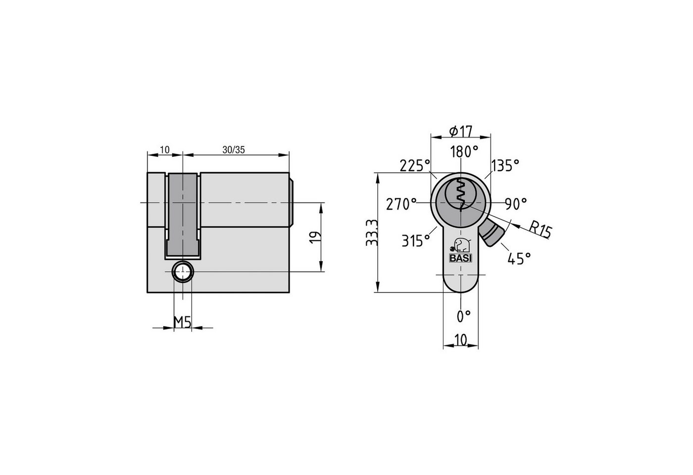 BASI Schließzylinder V50, Verschiedenschließend, diverse Längen, (Packung, 1-St), Halbzylinder 10/30 mm, 8-fach vestellbare Schließnase, 3 Schlüssel – Bild 3 von 4