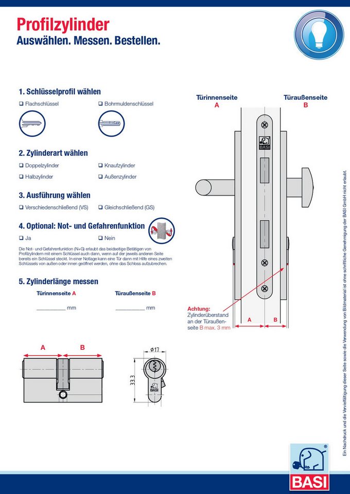 BASI Schließzylinder V50, Verschiedenschließend, diverse Längen, (Packung, 1-St), Halbzylinder 10/30 mm, 8-fach vestellbare Schließnase, 3 Schlüssel – Bild 4 von 4