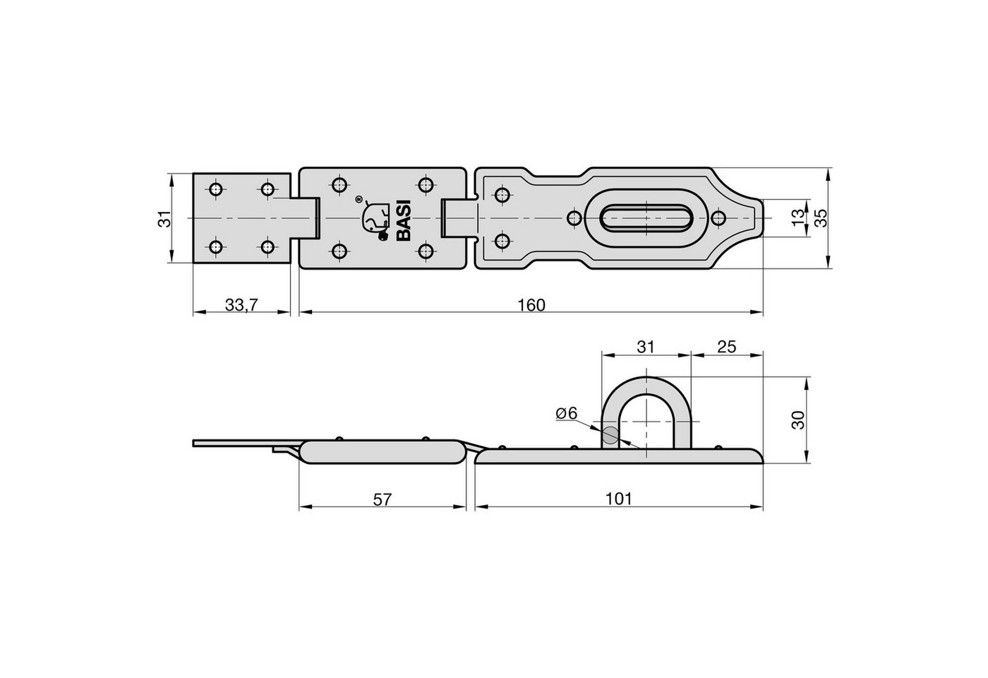 BASI Sicherheits-Stallriegel Sicherheitsüberfalle, Länge - 160 mm, (Packung), 1 Gelenk und gehärteter Öse, verzinkt und wetterfest, Länge: 160 mm – Bild 3 von 3