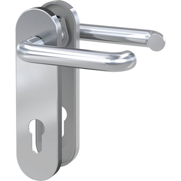 BASI Türbeschlag Kurzschild-Garnitur 72/8 mm, Edelstahl Türbeschlag (Packung), PZ Profilzylinder-Lochung, Drücker in U-Form, für Türstärken 38-45 mm