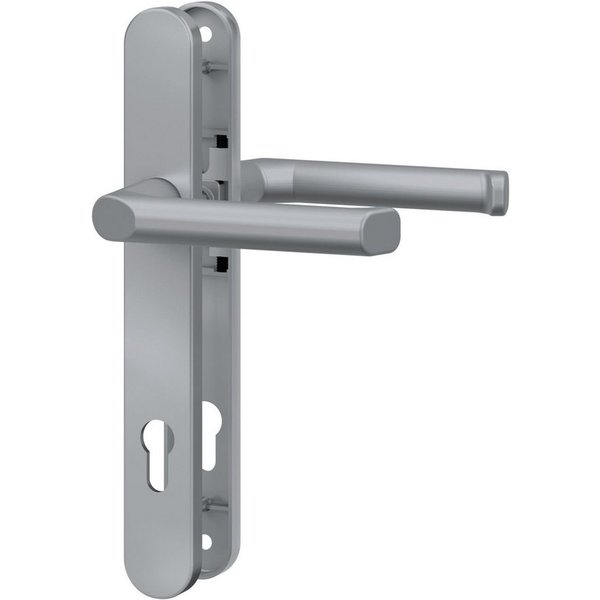 BASI Türbeschlag Schmalrahmen-Garnitur PZ 92/8 mm, AluTürbeschlag (Packung), Edelstahlfarben, für 45-82 mm Türstärke, rundes Langschild, PZ-Lochung