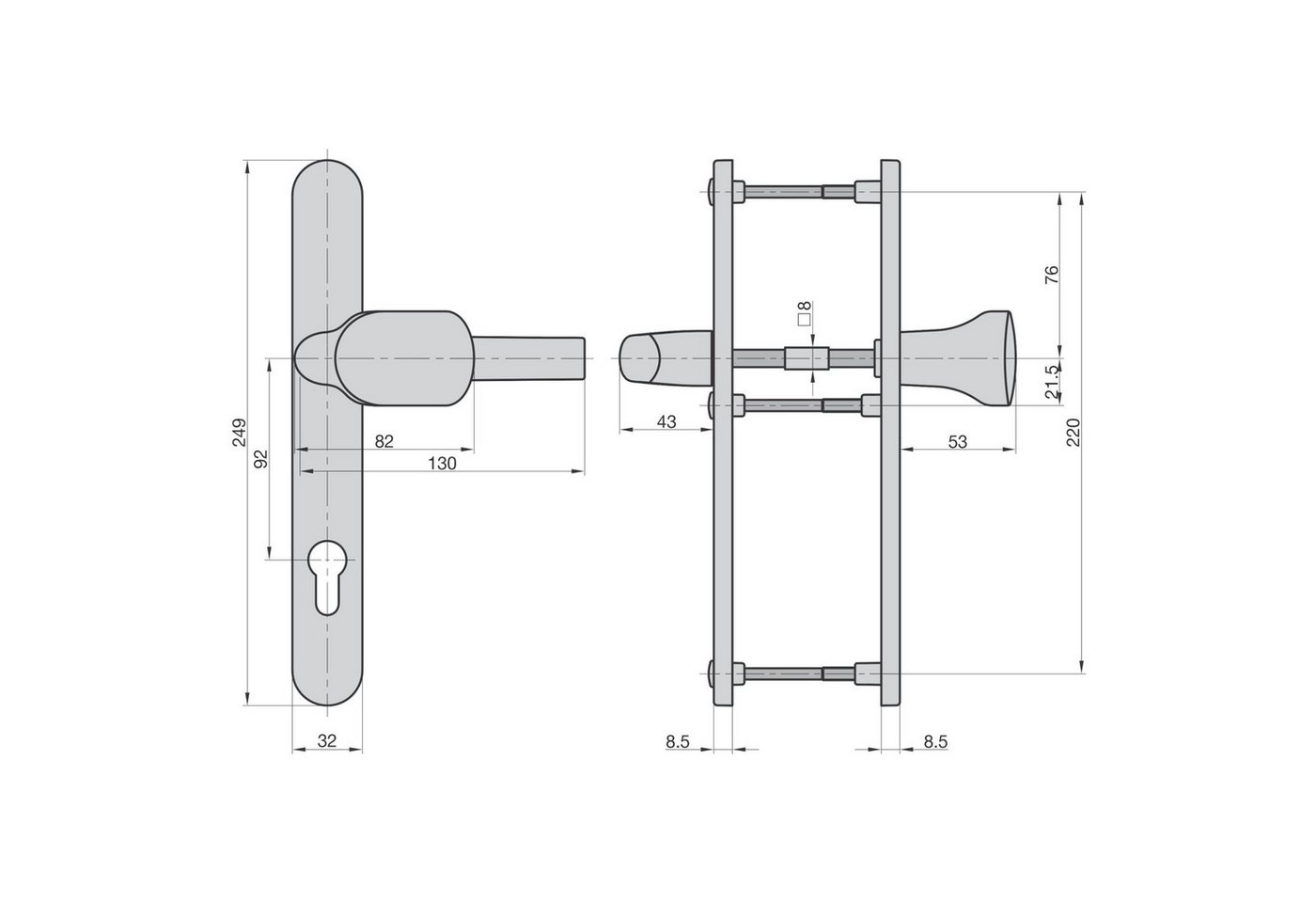 BASI Türbeschlag Wechsel-Garnitur (Packung), Schmalrahmenbeschlag PZ 92/8 mm, Langschild Alu Weiß, Türen 45-82 mm – Bild 2 von 2