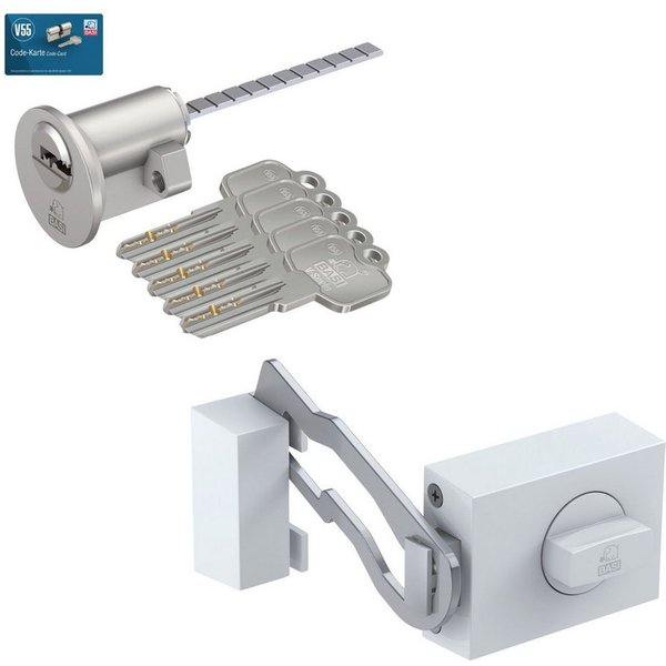 BASI Türzusatzschloss Kastenschloss (Spar-Set), im Set m. Außenzylinder, m. Sperrbügel, Drehknauf, Dornmaß 60mm, weiß