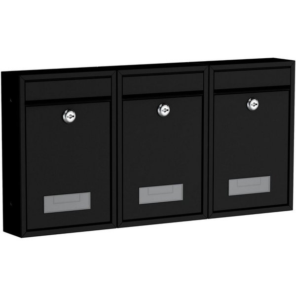BASI Wandbriefkasten Wandbriefkasten, Maße 320 x 215 x 82 mm (Spar-Set, 3-St), 3er Set, Namensschild, Zylindersch., 2 Schlüssel, schwarz matt