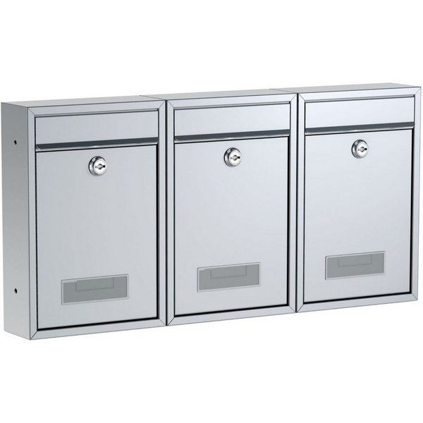 BASI Wandbriefkasten Wandbriefkasten, Maße 320 x 215 x 82 mm (Spar-Set, 3-St), 3er Set, Namensschild, Zylindersch., 2 Schlüssel, silber matt