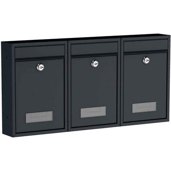 BASI Wandbriefkasten Wandbriefkasten, Maße 320 x 215 x 82 mm (Spar-Set, 3-St), 3er Set, Namensschild, Zylindersch., 2 Schlüssel, anthrazit matt