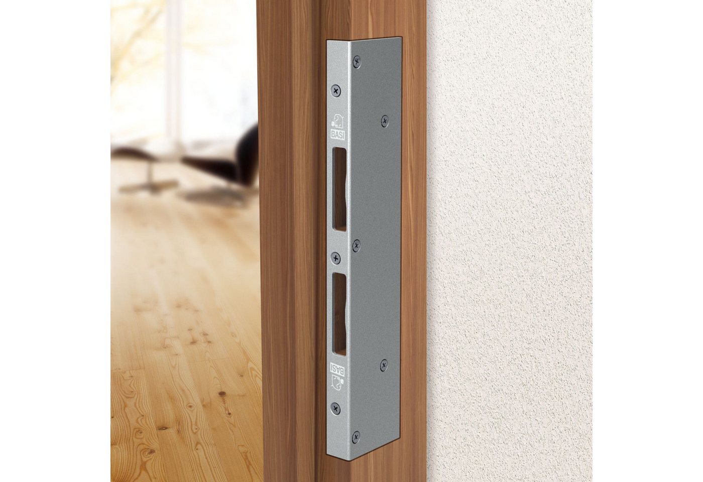 BASI Winkelschließblech Reparaturschließblech, (Packung), für Innentüren/Holztüren, DIN R/L, käntig, verzinkt, 300x60x21x3 mm – Bild 2 von 3