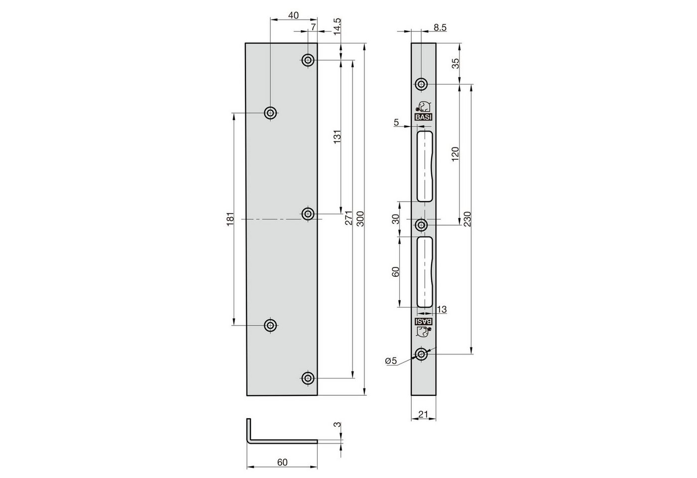 BASI Winkelschließblech Reparaturschließblech, (Packung), für Innentüren/Holztüren, DIN R/L, käntig, verzinkt, 300x60x21x3 mm – Bild 3 von 3