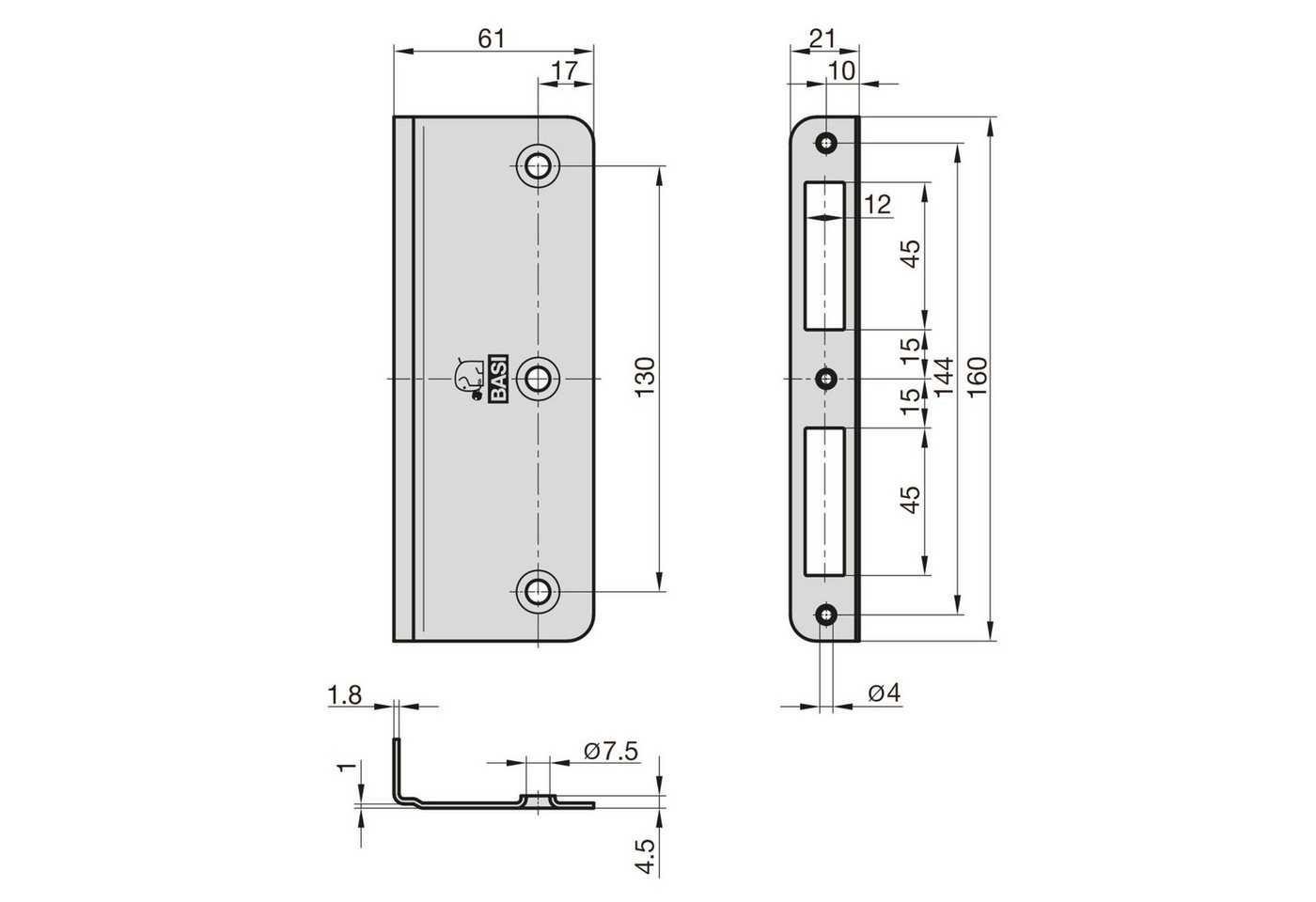 BASI Winkelschließblech Reparaturschließblech, (Packung), für Zimmertüren, DIN R/L, abgerundet, Maße 160x60x20x2 mm – Bild 3 von 3