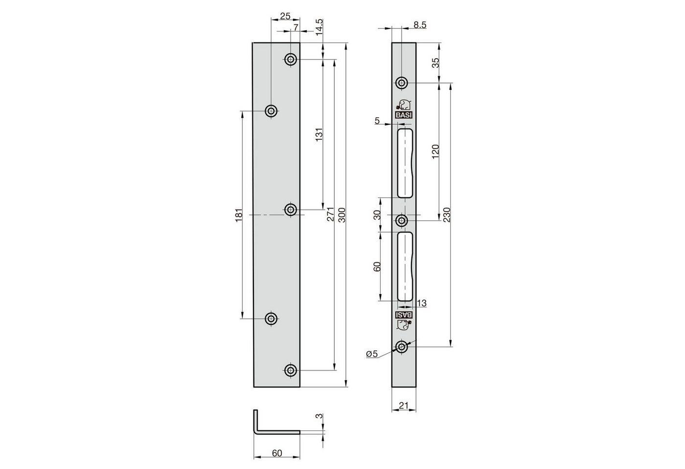 BASI Winkelschließblech Reparaturschließblech, (Packung), für Innentüren/Holztüren, DIN R/L, käntig, verzinkt, 300x40x21x3 mm – Bild 3 von 3