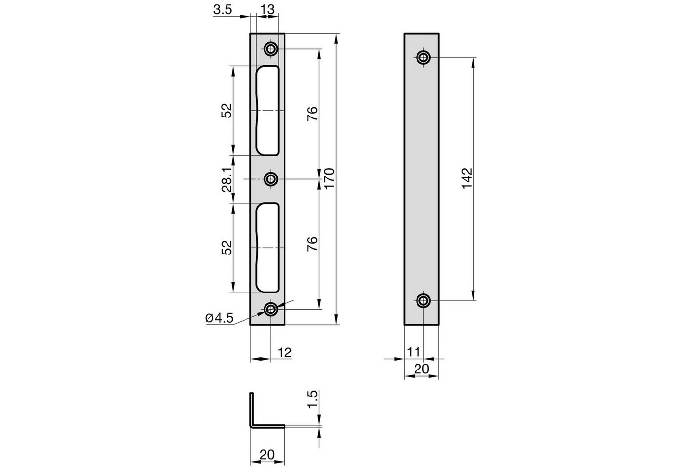BASI Winkelschließblech Schließblech, (Packung), DIN R/L verwendbar, käntig, verzinkt, Länge 170 mm x Breite 20 mm – Bild 3 von 3