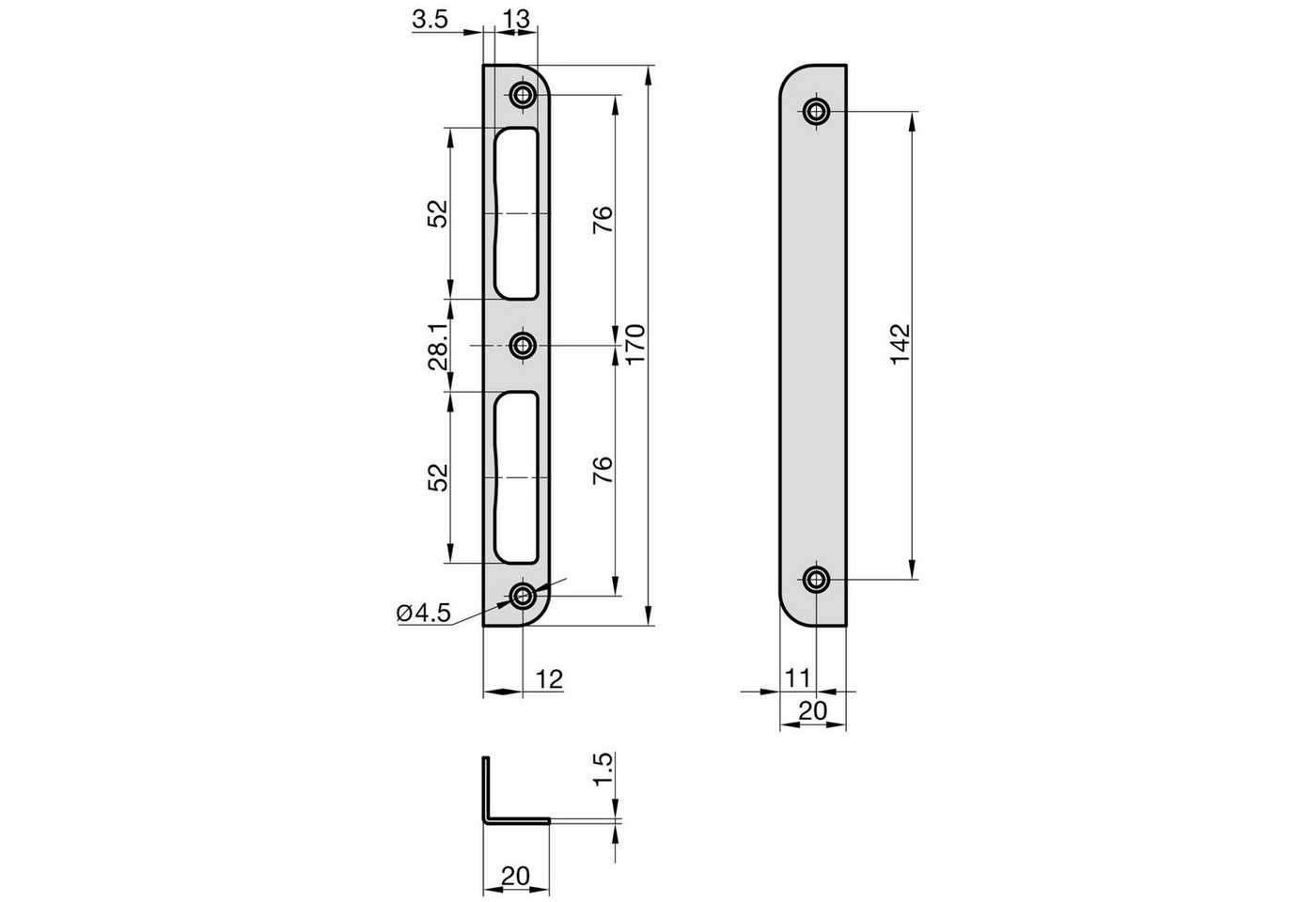 BASI Winkelschließblech Schließblech, (Packung), DIN R/L verwendbar, abgerundet, verzinkt, Länge 170 mm x Breite 20 mm – Bild 3 von 3