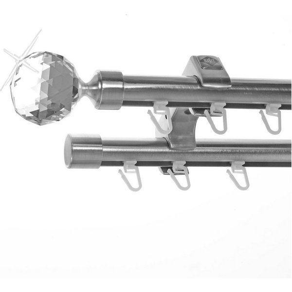 BASIT Gardinenstange Innenlauf Edelstahloptik 20mm mit Deckenträgern 120 cm E87, Ø 20 mm, 2-läufig, verschraubt, Aluminium, D60II 120 cm E87 Kristall Kugel