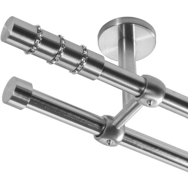 BASIT Gardinenstange Rohr Edelstahloptik 16 mm mit Deckenträgern 120 cm E25, Ø 16 mm, 2-läufig, verschraubt, Metall, D21 120 cm E25 Kristall