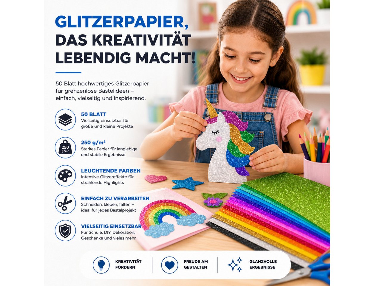 Bastelfreund® Bastelkartonpapier 50 Blatt buntes Glitzerpapier DIN A4, 300 g/m², zum Basteln, 250 g/m² – Bild 2 von 5