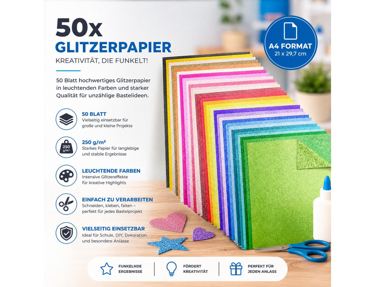 Bastelfreund® Bastelkartonpapier 50 Blatt buntes Glitzerpapier DIN A4, 300 g/m², zum Basteln, 250 g/m² – Bild 3 von 5