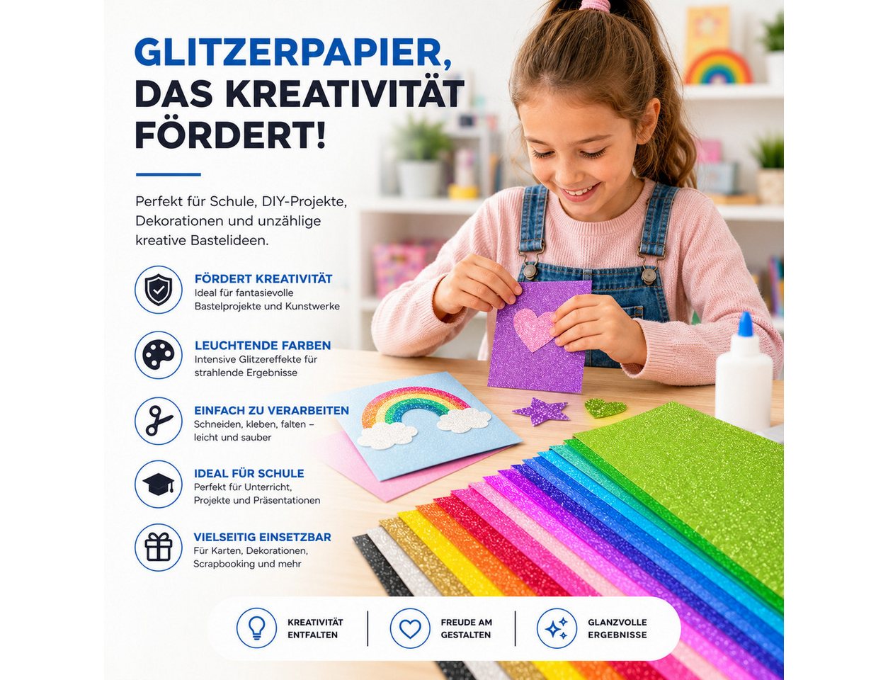 Bastelfreund® Bastelkartonpapier 50 Blatt buntes Glitzerpapier DIN A4, 300 g/m², zum Basteln, 250 g/m² – Bild 4 von 5