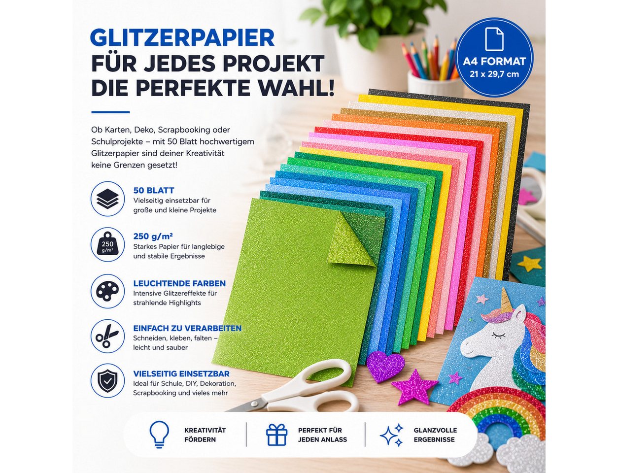Bastelfreund® Bastelkartonpapier 50 Blatt buntes Glitzerpapier DIN A4, 300 g/m², zum Basteln, 250 g/m² – Bild 5 von 5