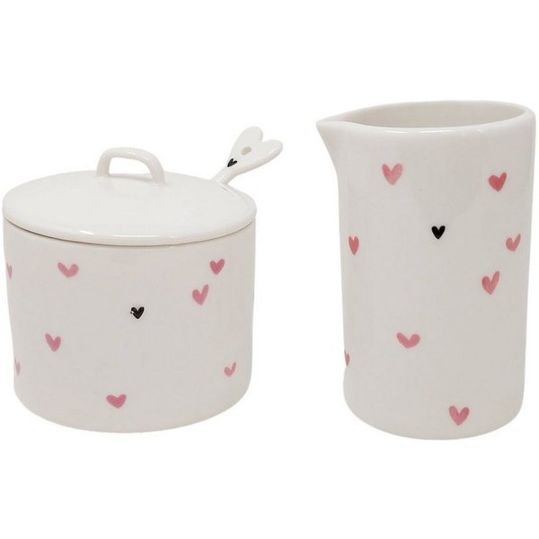 Bastion Collections Milch- und Zuckerset Rose, Keramik, Spülmaschinengeeignet, Weiß, Herzen, H: 10cm