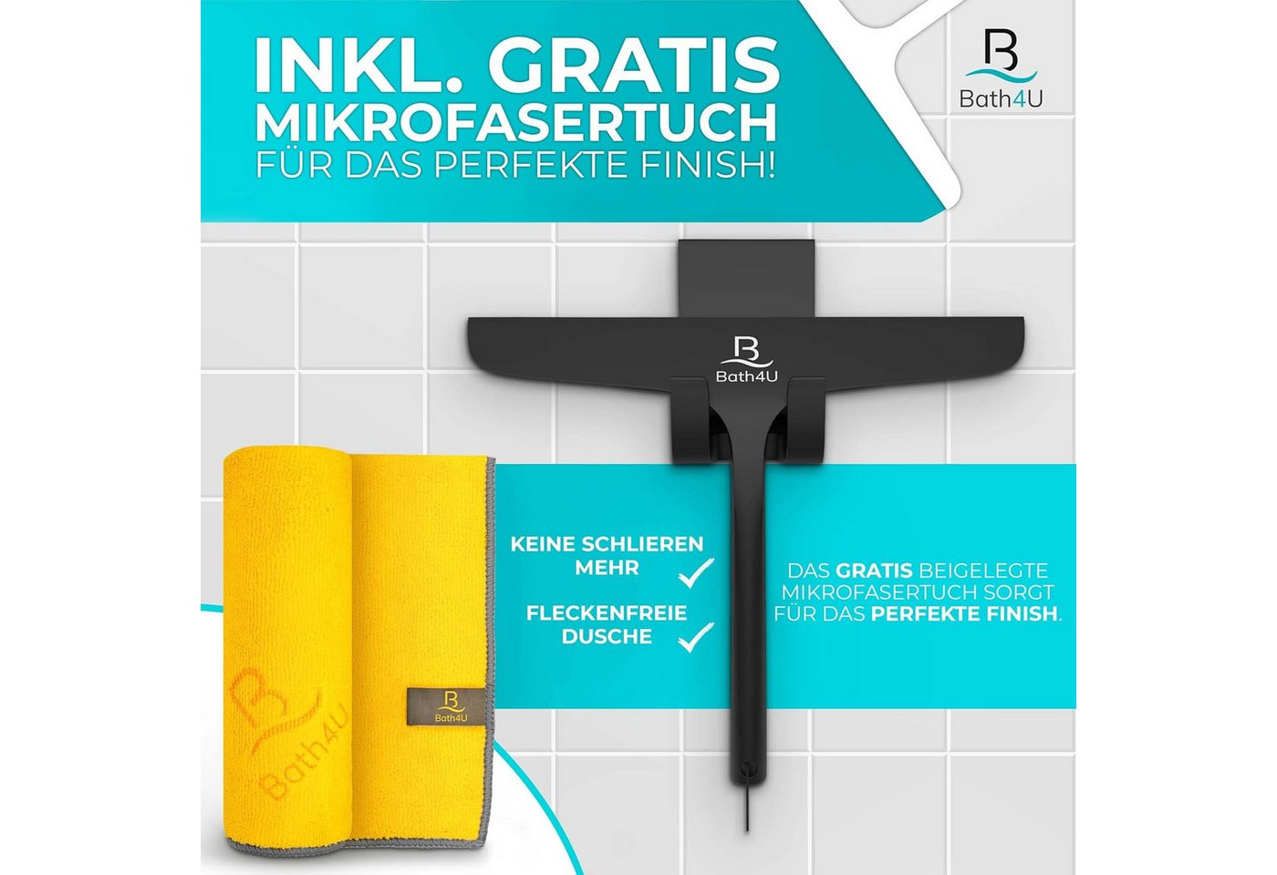 Bath4U Duschabzieher Profi Duschabzieher 27,5cm Silikon & Edelstahl für Dusche & Fenster, Inkl. Gratis Tuch & 2 Halterungen Schont Fliesen Rostfrei & Modern – Bild 4 von 5