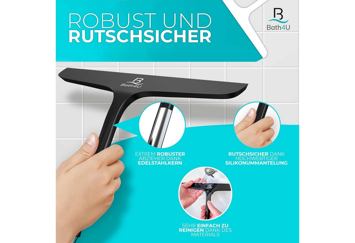 Bath4U Duschabzieher Profi Duschabzieher 27,5cm Silikon & Edelstahl für Dusche & Fenster, Inkl. Gratis Tuch & 2 Halterungen Schont Fliesen Rostfrei & Modern – Bild 5 von 5