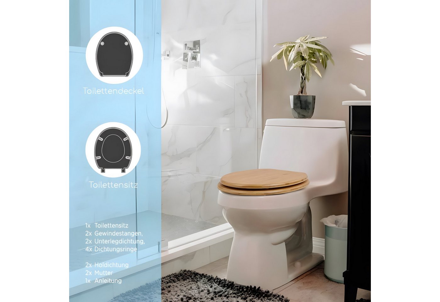 Bath4U WC-Sitz WC Sitz aus Bambus 37,5x43,5cm Soft-Close Absenkautomatik bis 150kg, Nachhaltiger Toilettensitz 16cm Scharnierabstand Inkl. Befestigung – Bild 5 von 5