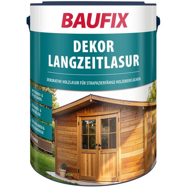 Baufix Holzschutzlasur Langzeitlasur seidenglänzend, 5 Liter für ca. 50m², Holzlasur, Witterungs- & UV-beständig für Nadel- & Harthölzer im Außenbereich