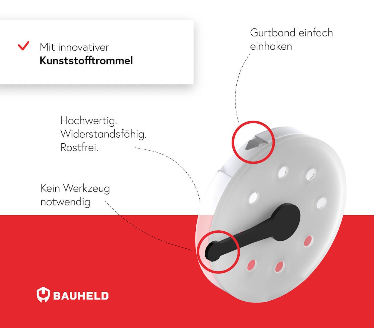 BAUHELD Aufputz-Gurtwickler Aufklappbar, Gurtbreite 14,00 mm, Lochabstand 155 oder 155,00 mm, Für Rolladengurt 14mm, Kunststofftrommel, Schwenkbar bis 180° – Bild 3 von 5