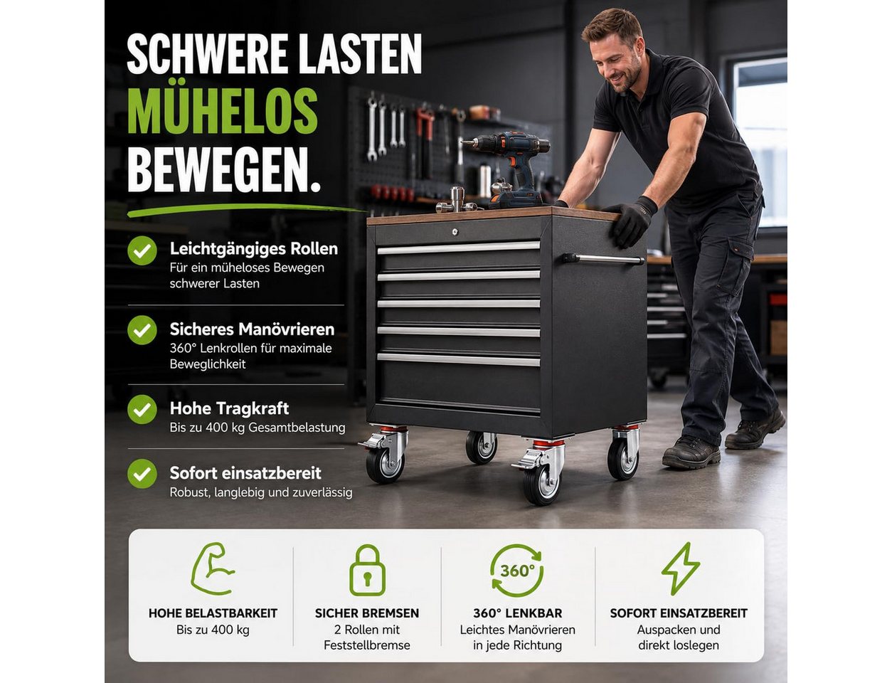 Baumarktic Schwerlastrolle 4 Lenkrollen, davon 2 mit Bremse, Ø 5, 7,5 oder 10 cm, (4er Set) – Bild 4 von 5