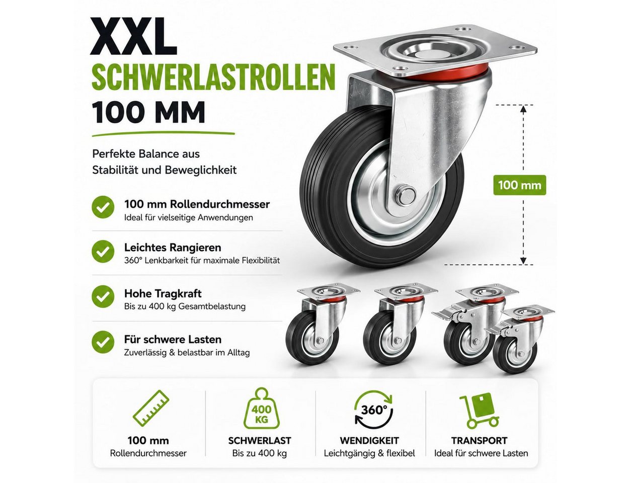 Baumarktic Schwerlastrolle 4 Lenkrollen, davon 2 mit Bremse, Ø 5, 7,5 oder 10 cm, (4er Set) – Bild 5 von 5