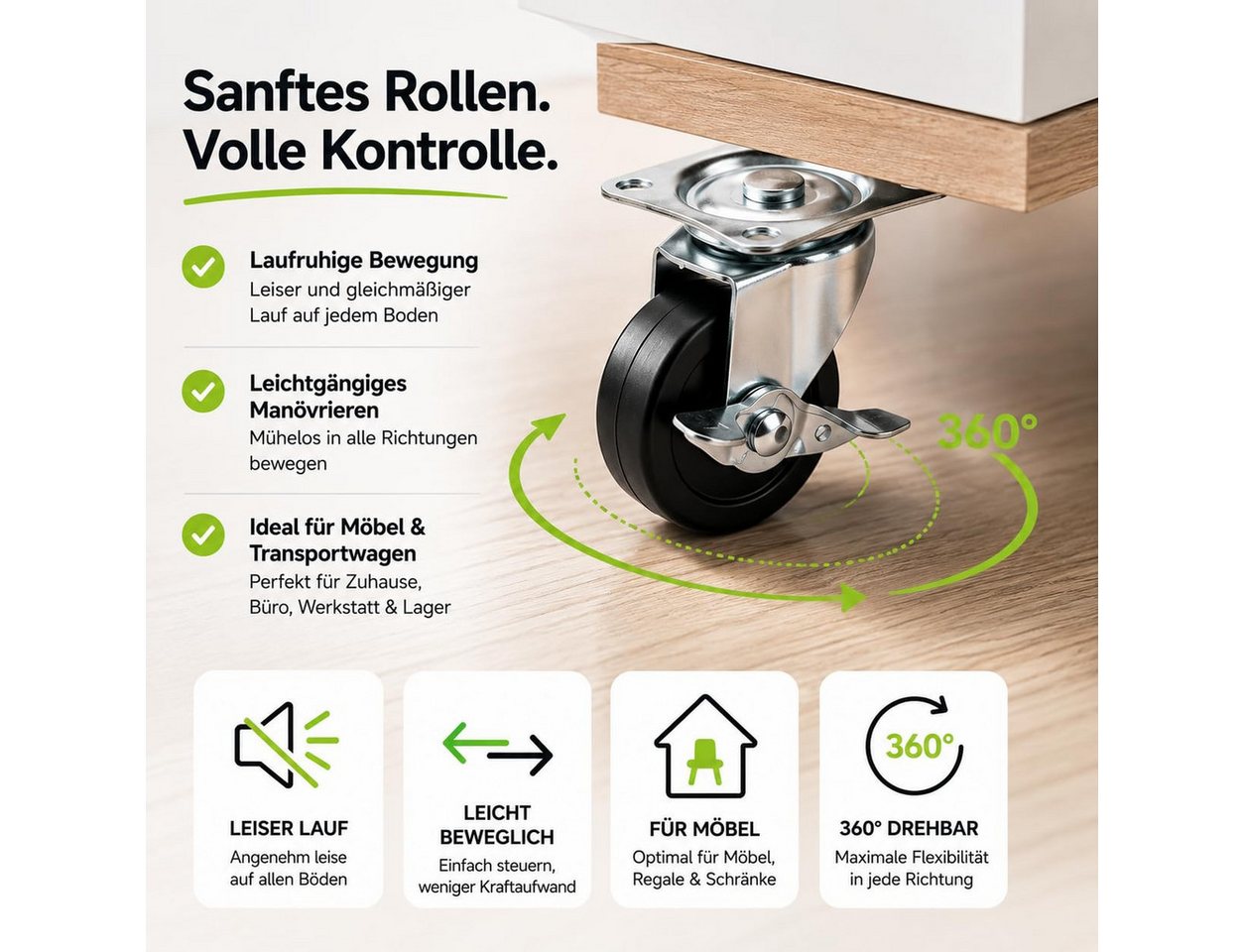 Baumarktic Schwerlastrolle 4 Lenkrollen, davon 2 mit Bremse, Ø 5, 7,5 oder 10 cm, (4er Set) – Bild 2 von 5