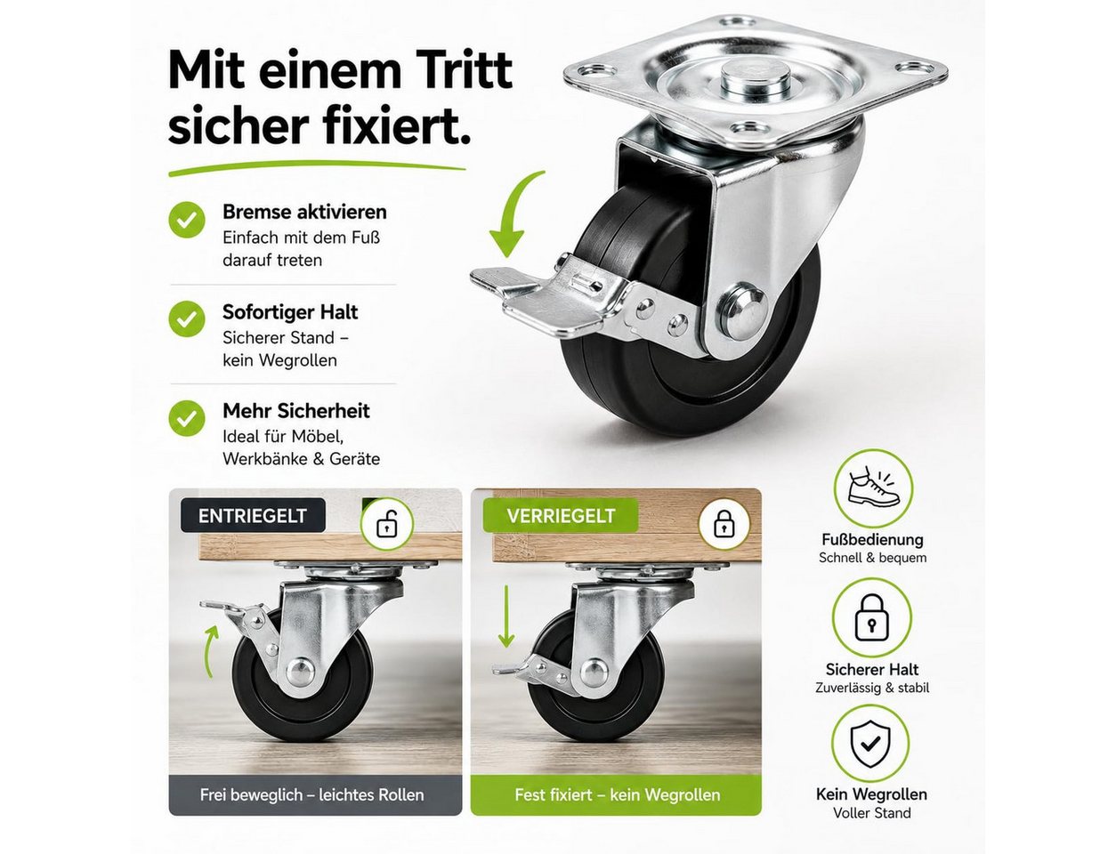 Baumarktic Schwerlastrolle 4 Lenkrollen, davon 2 mit Bremse, Ø 5, 7,5 oder 10 cm, (4er Set) – Bild 3 von 5