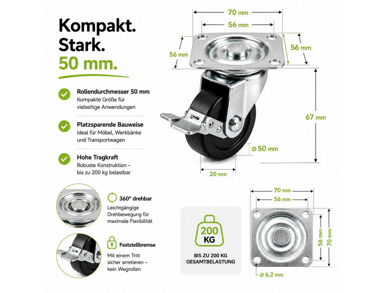 Baumarktic Schwerlastrolle 4 Lenkrollen, davon 2 mit Bremse, Ø 5, 7,5 oder 10 cm, (4er Set) – Bild 4 von 5
