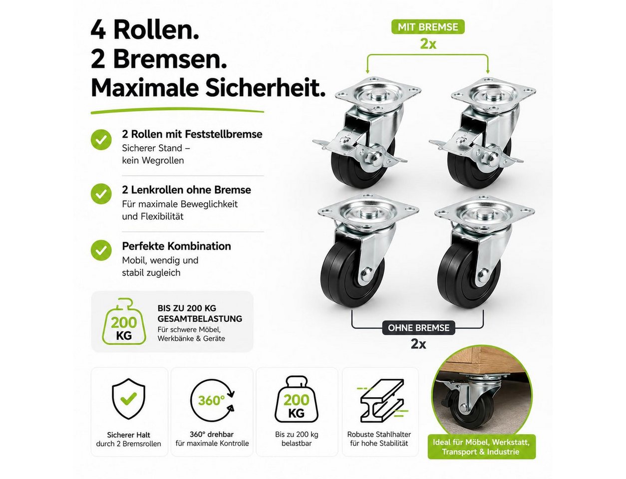 Baumarktic Schwerlastrolle 4 Lenkrollen, davon 2 mit Bremse, Ø 5, 7,5 oder 10 cm, (4er Set) – Bild 5 von 5