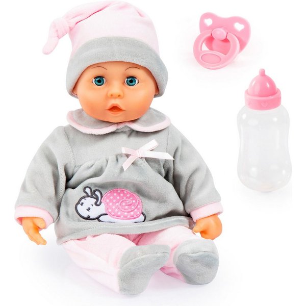 Bayer Babypuppe First Words Baby, 38 cm grau/rosa (3-tlg), mit Schlafaugen und Babygeräuschen