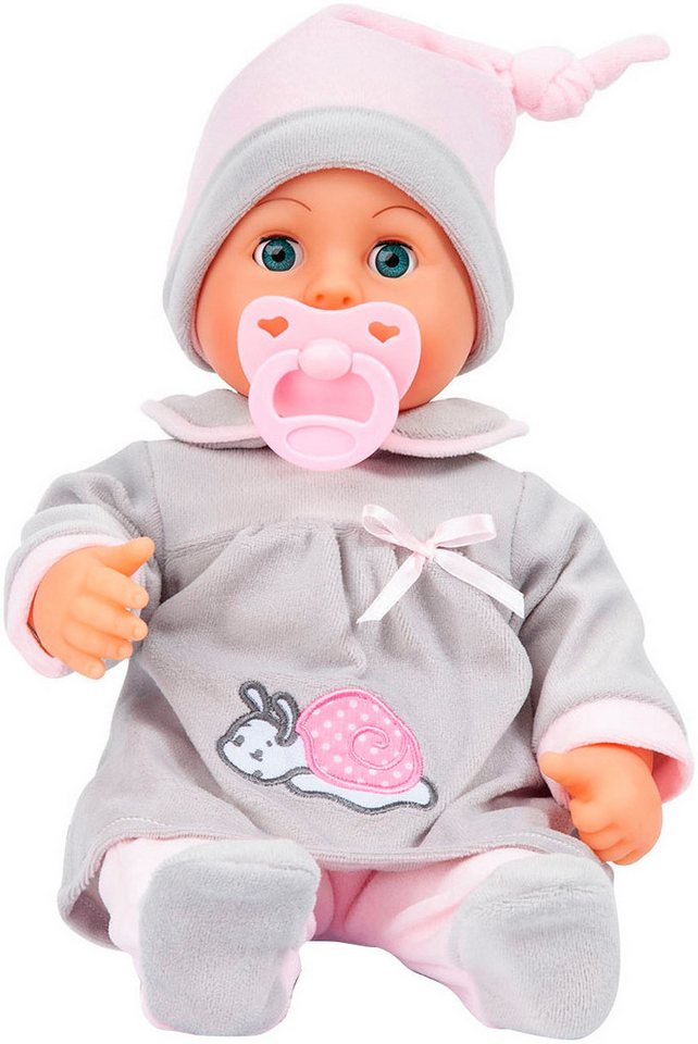 Bayer Babypuppe First Words Baby, 38 cm grau/rosa (3-tlg), mit Schlafaugen und Babygeräuschen – Bild 2 von 5
