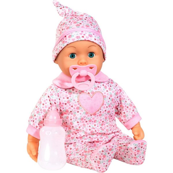 Bayer Babypuppe First Words Baby, 38 cm, Herzen rosa (3-tlg), mit Schlafaugen und Babygeräuschen