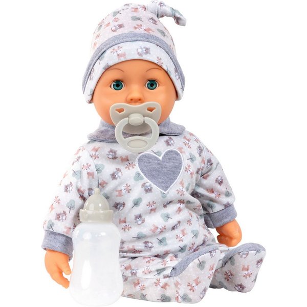 Bayer Babypuppe First Words Baby, 38 cm, grau (3-tlg), mit Schlafaugen und Babygeräuschen