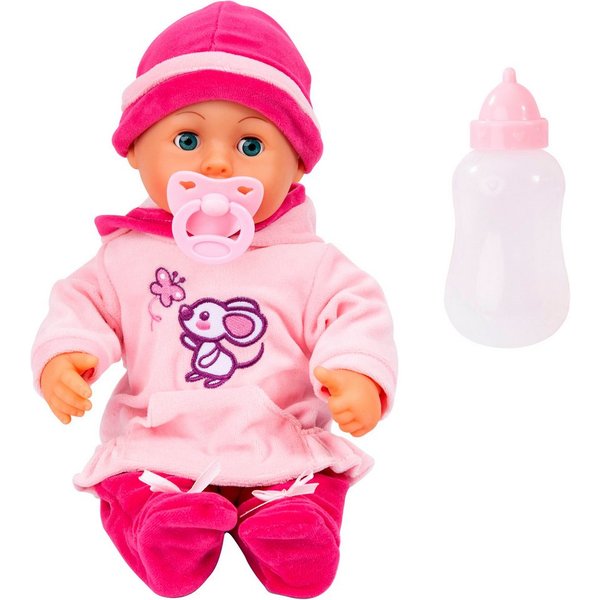 Bayer Babypuppe First Words Baby, 38 cm, Maus rosa (3-tlg), mit Schlafaugen und Babygeräuschen