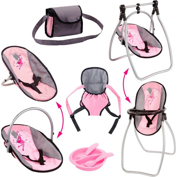 Bayer Puppen Accessoires-Set Vario rosa/grau, (Set, 6-tlg), mit multifunktionalem Sitz